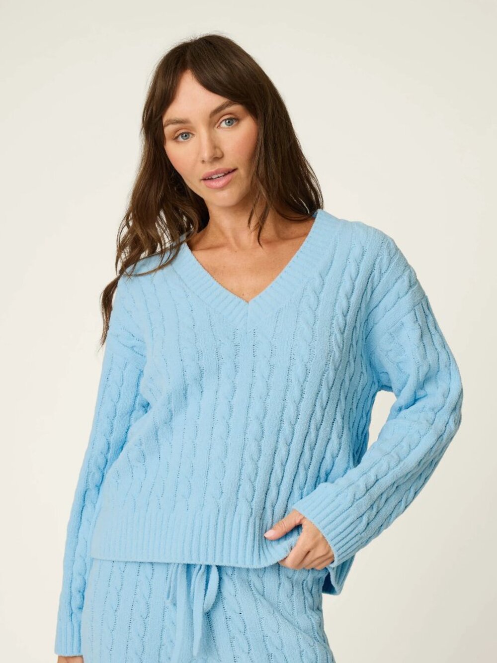 PJ Salvage Cozy Chenille Cable Knit Cloud Blue V-Neck Sweater